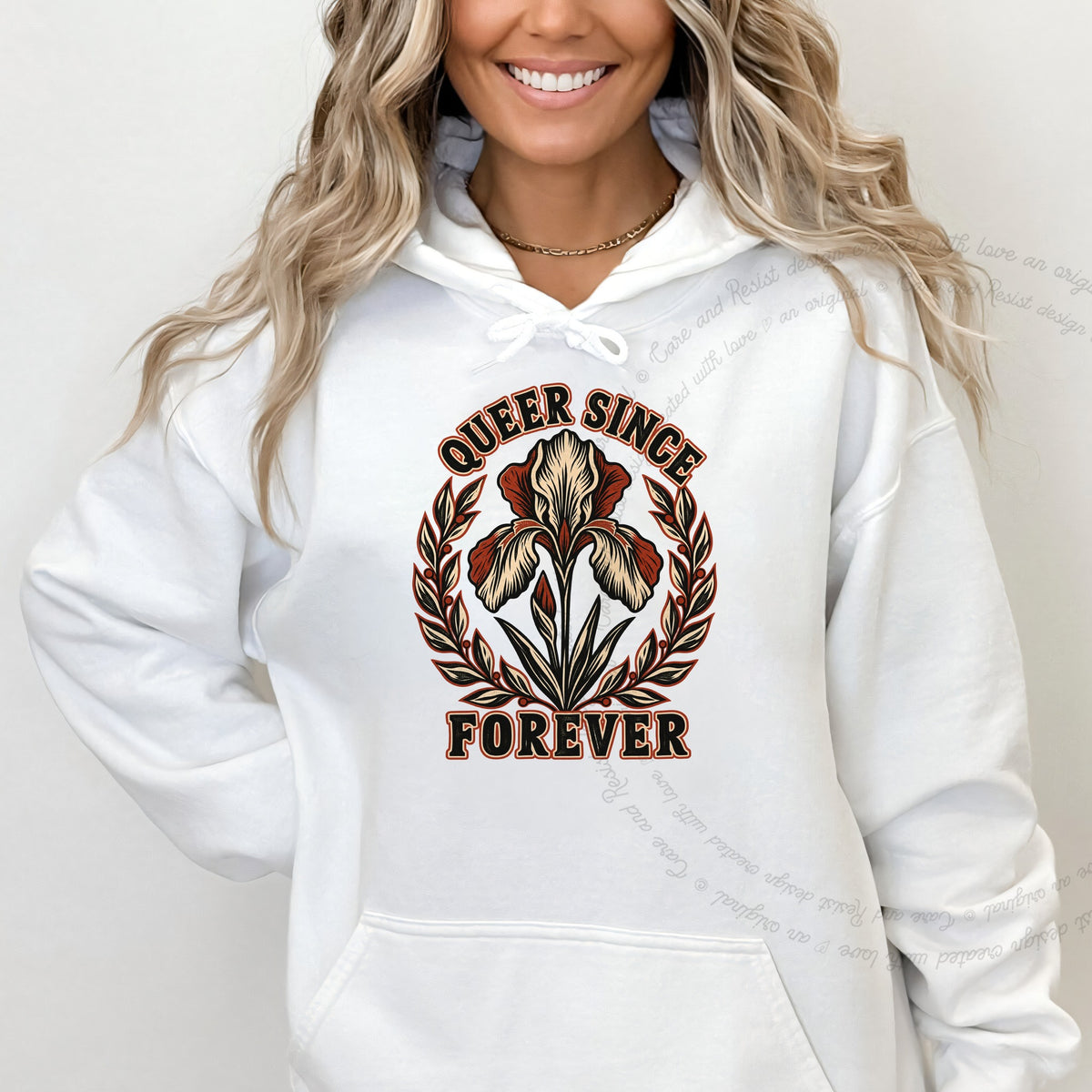 Queer Since Forever Iris Linocut Care & Resist Gildan hoodie in White