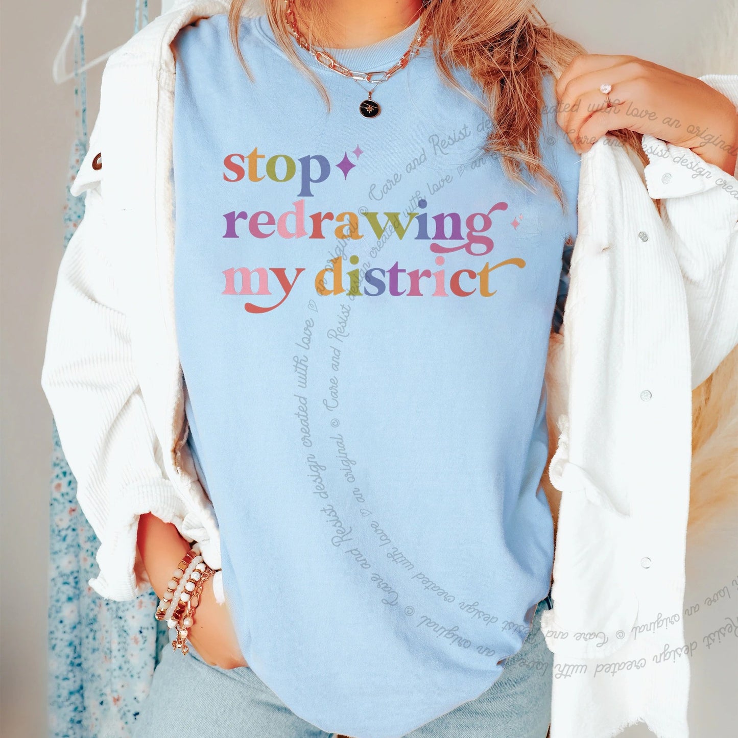 Stop Redrawing My District Care & Resist rainbow Comfort Colors tee, Chambray