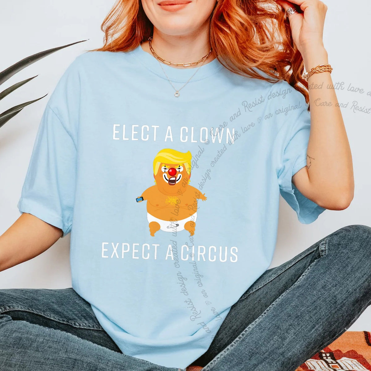 Elect a Clown Expect a Circus Trump Care & Resist progressive t-shirt in Chambray
