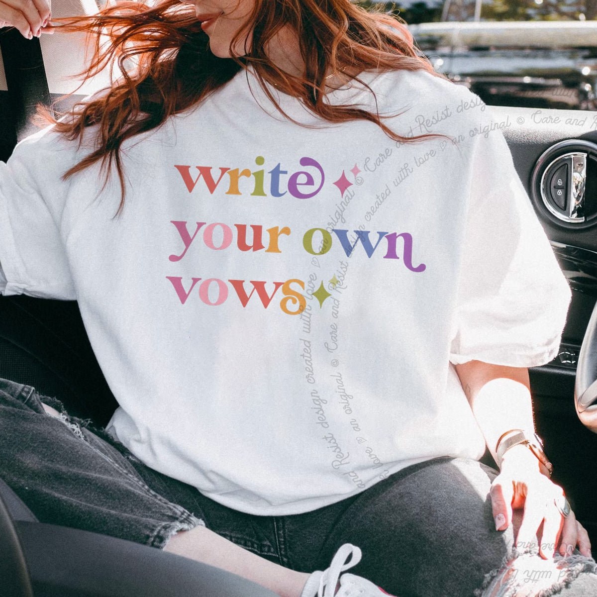 Write Your Own Vows Care & Resist progressive t-shirt in White