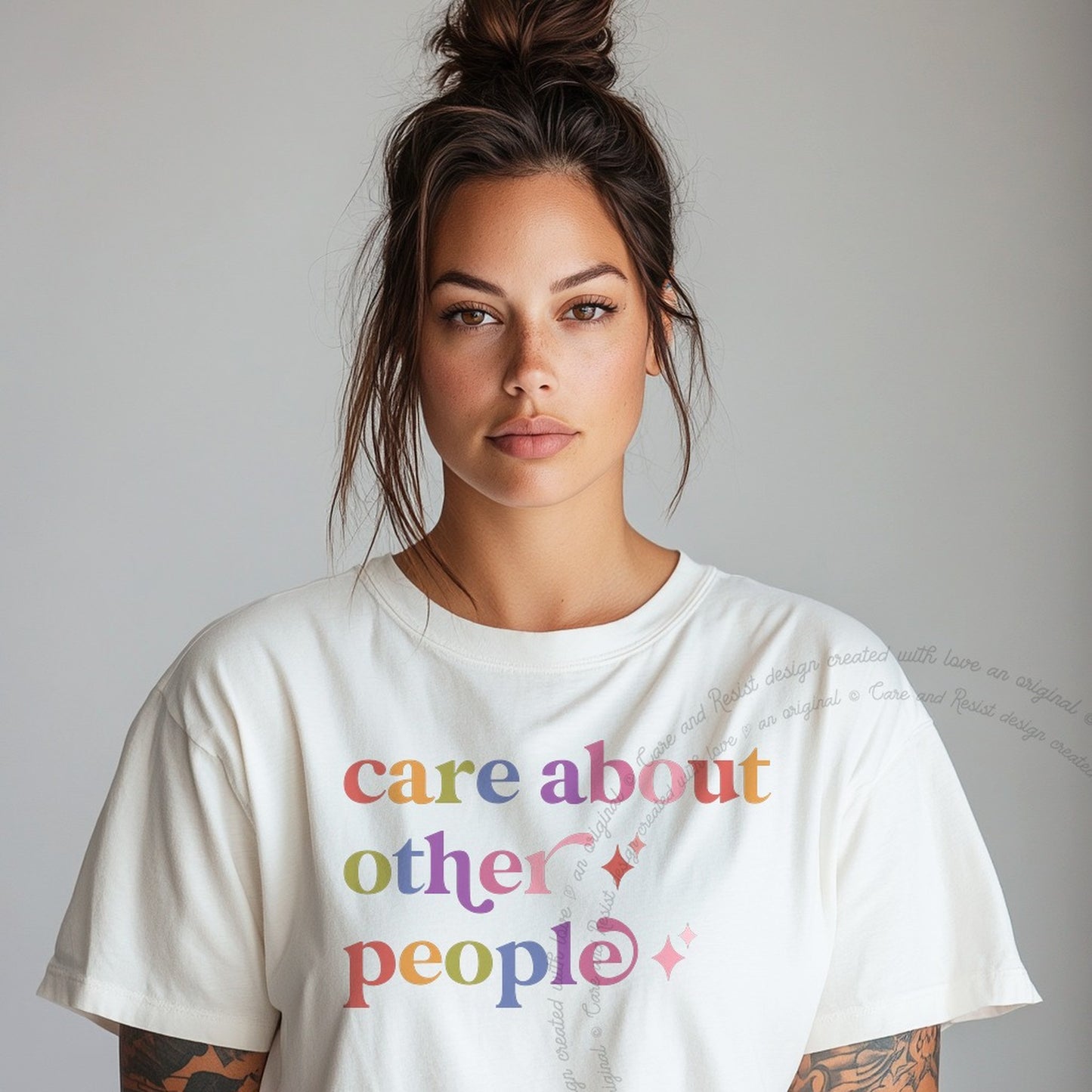 Care About Other People Care & Resist rainbow Comfort Colors tee, White