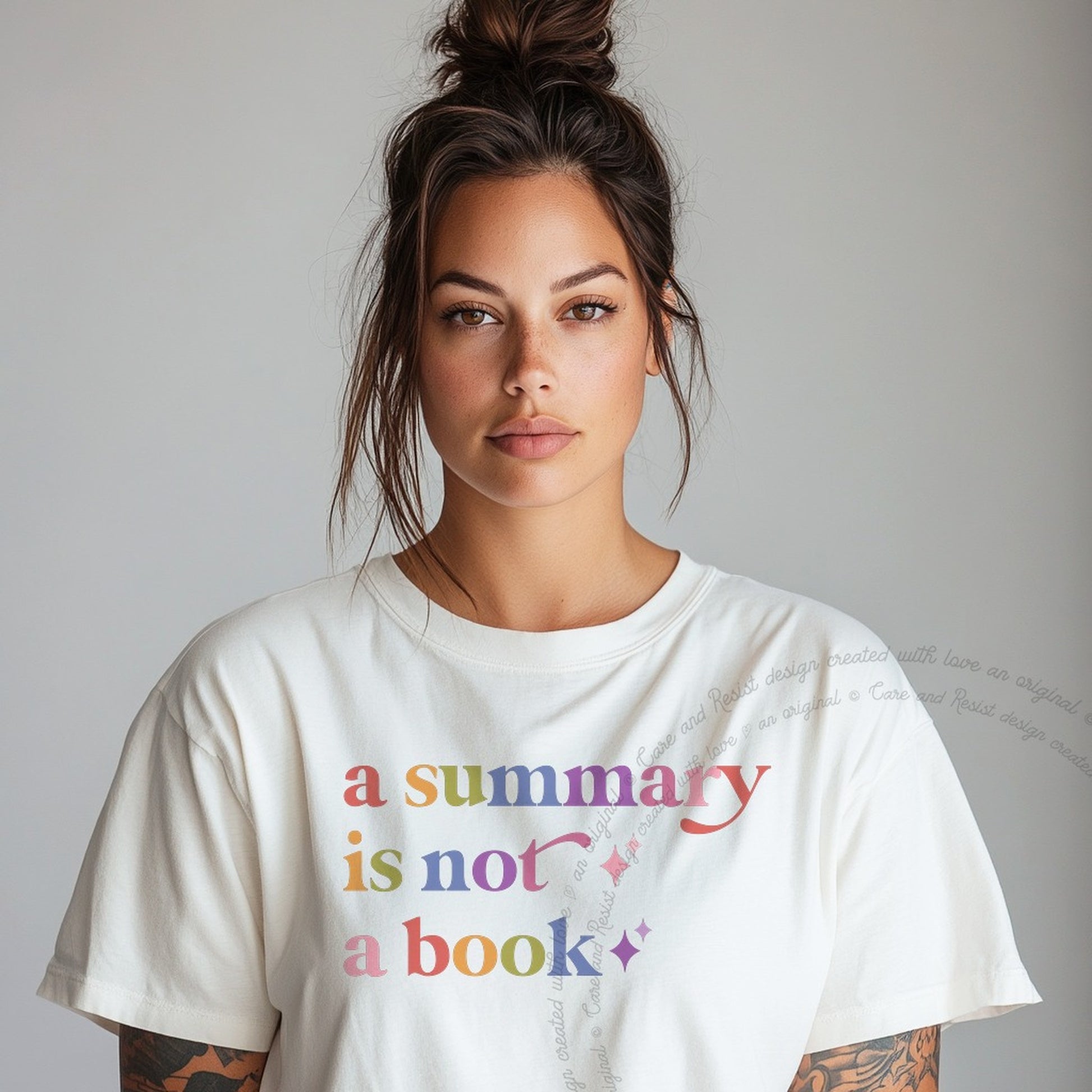 A Summary is not a Book Care & Resist rainbow Comfort Colors tee, White
