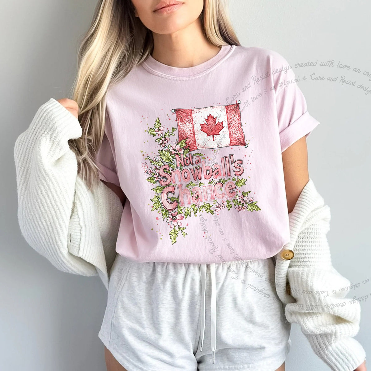 Not a Snowball's Chance Care & Resist progressive t-shirt in Blossom