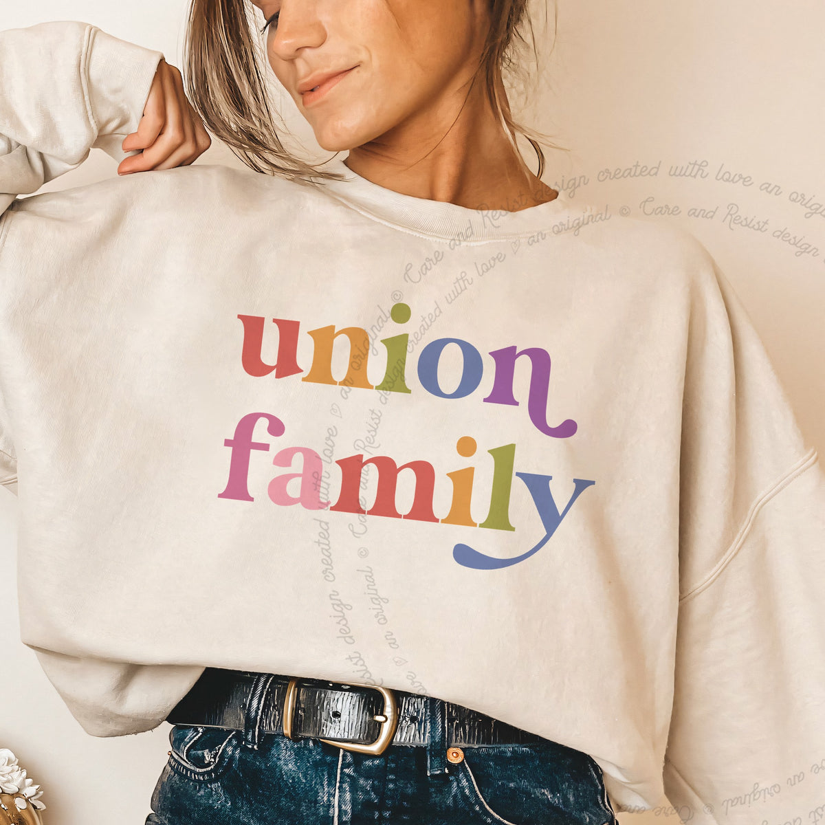 Union Family Care & Resist Gildan crewneck sweatshirt in Sand