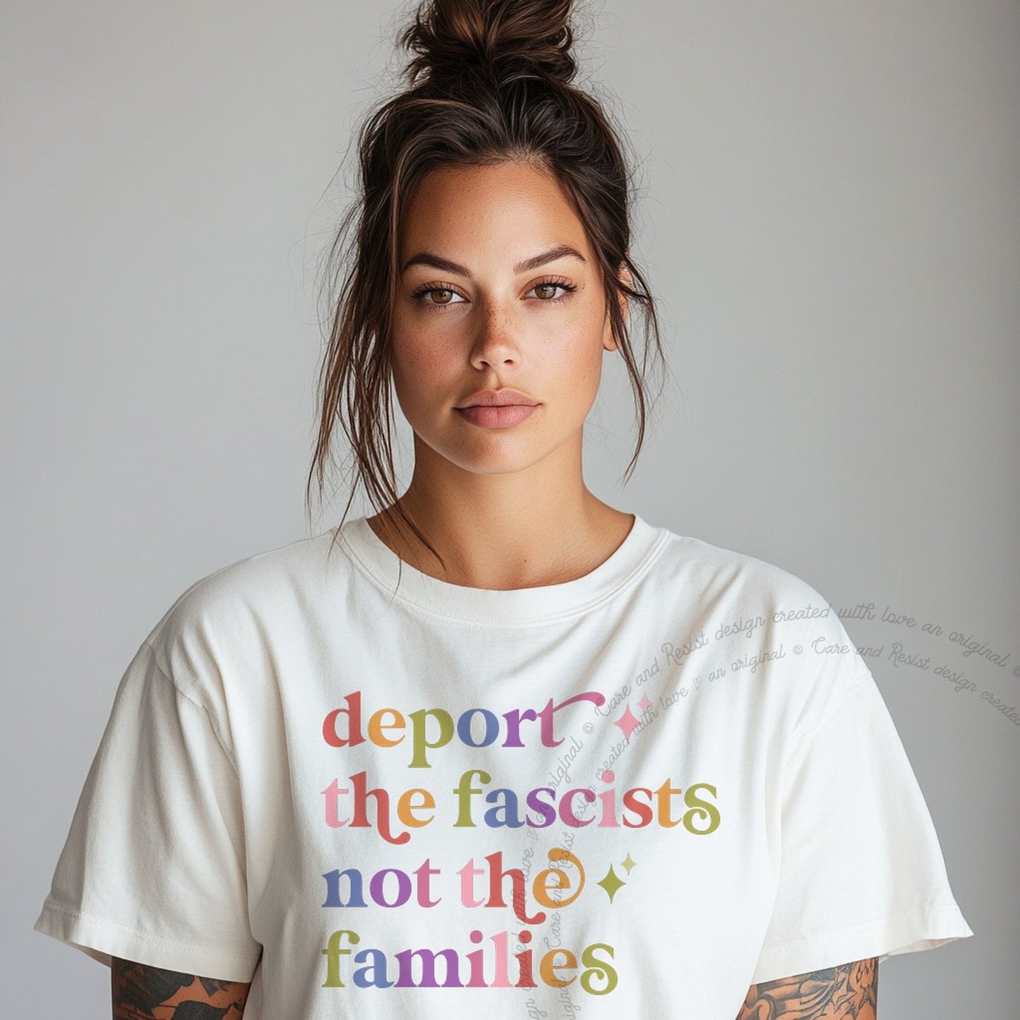 Deport the Fascists not the Families Care & Resist rainbow Comfort Colors tee, White