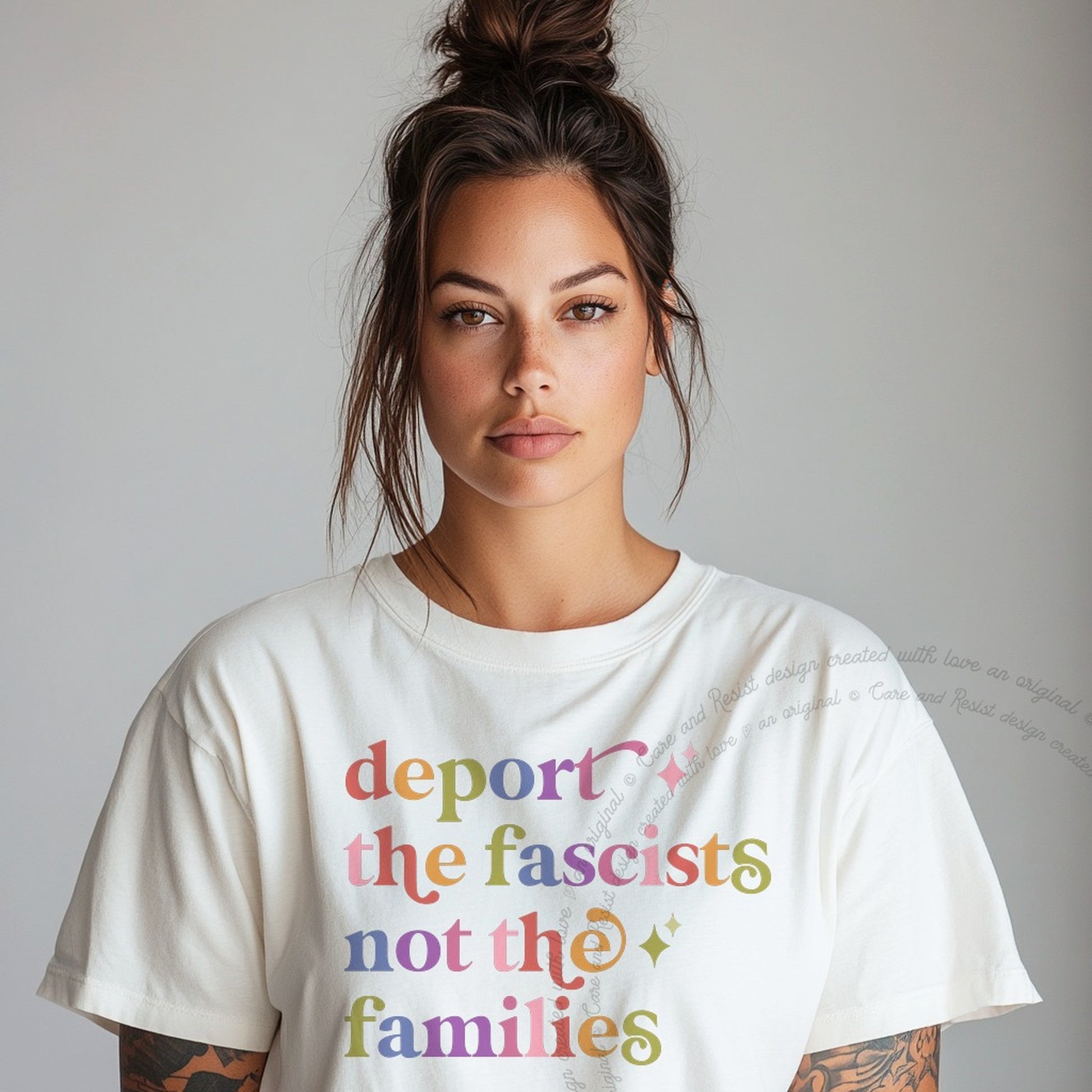 Deport the Fascists not the Families Care & Resist rainbow Comfort Colors tee, White