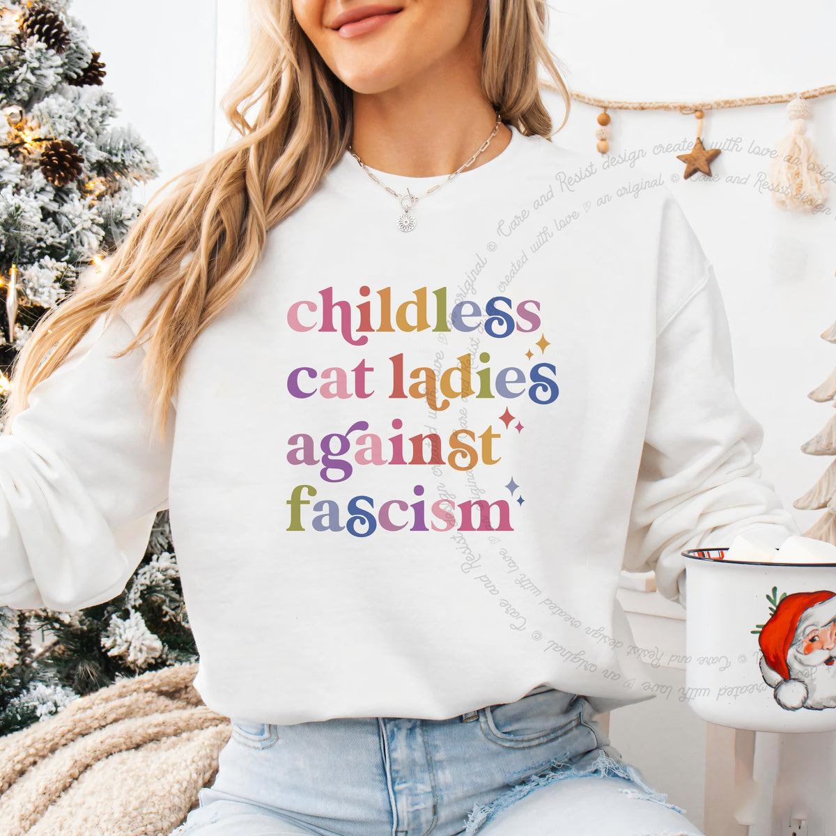 Childless Cat Ladies Against Fascism Care & Resist Gildan crewneck sweatshirt in White