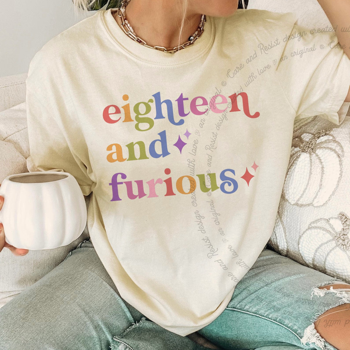 Eighteen and Furious Care & Resist progressive t-shirt in Ivory