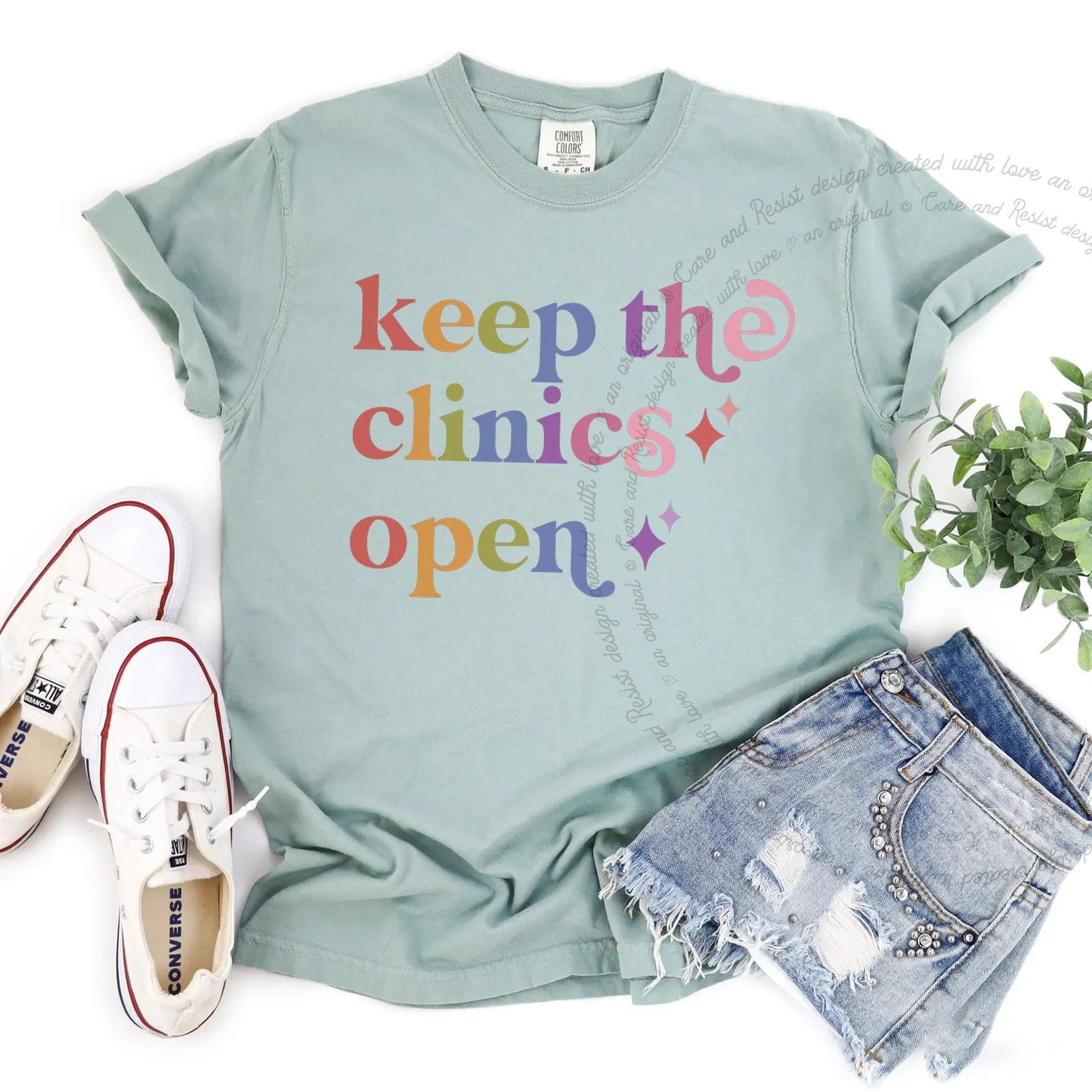 Keep the Clinics Open Care & Resist rainbow Comfort Colors tee, Bay