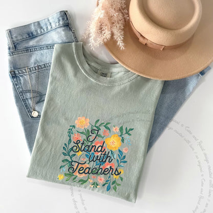 I Stand With Teachers Care & Resist progressive t-shirt in Bay