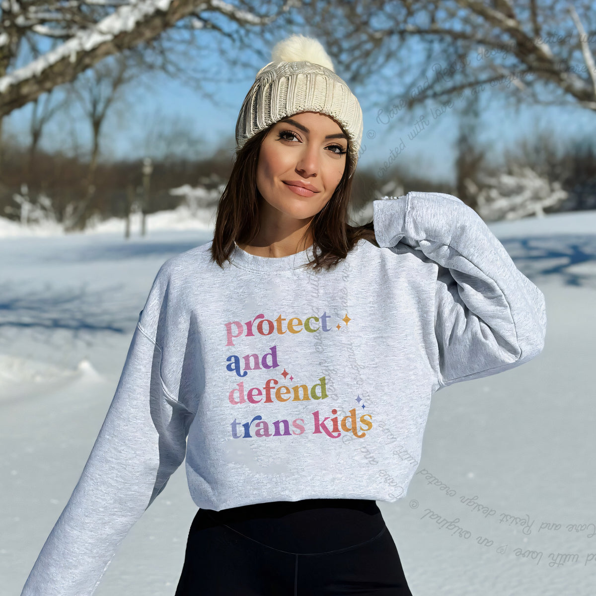 Protect and Defend Trans Kids Care & Resist Gildan crewneck sweatshirt in Sport Grey