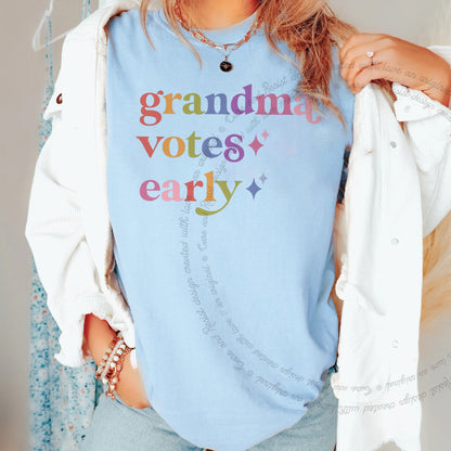 Grandma Votes Early Care & Resist progressive t-shirt in Chambray