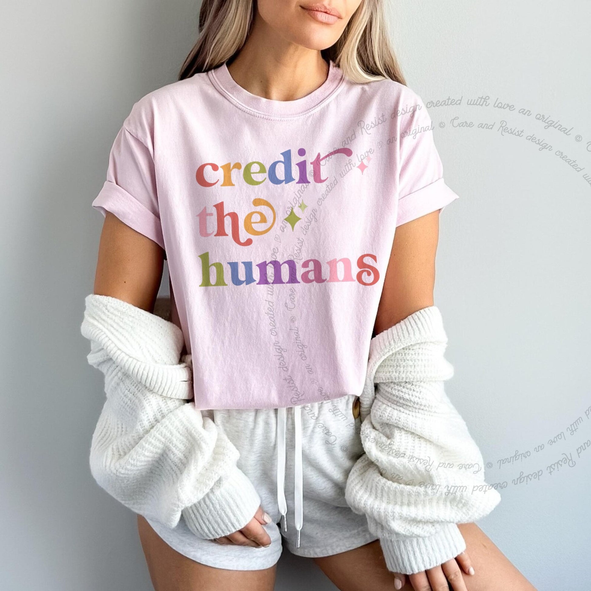 Credit the Humans Care & Resist rainbow Comfort Colors tee, Blossom