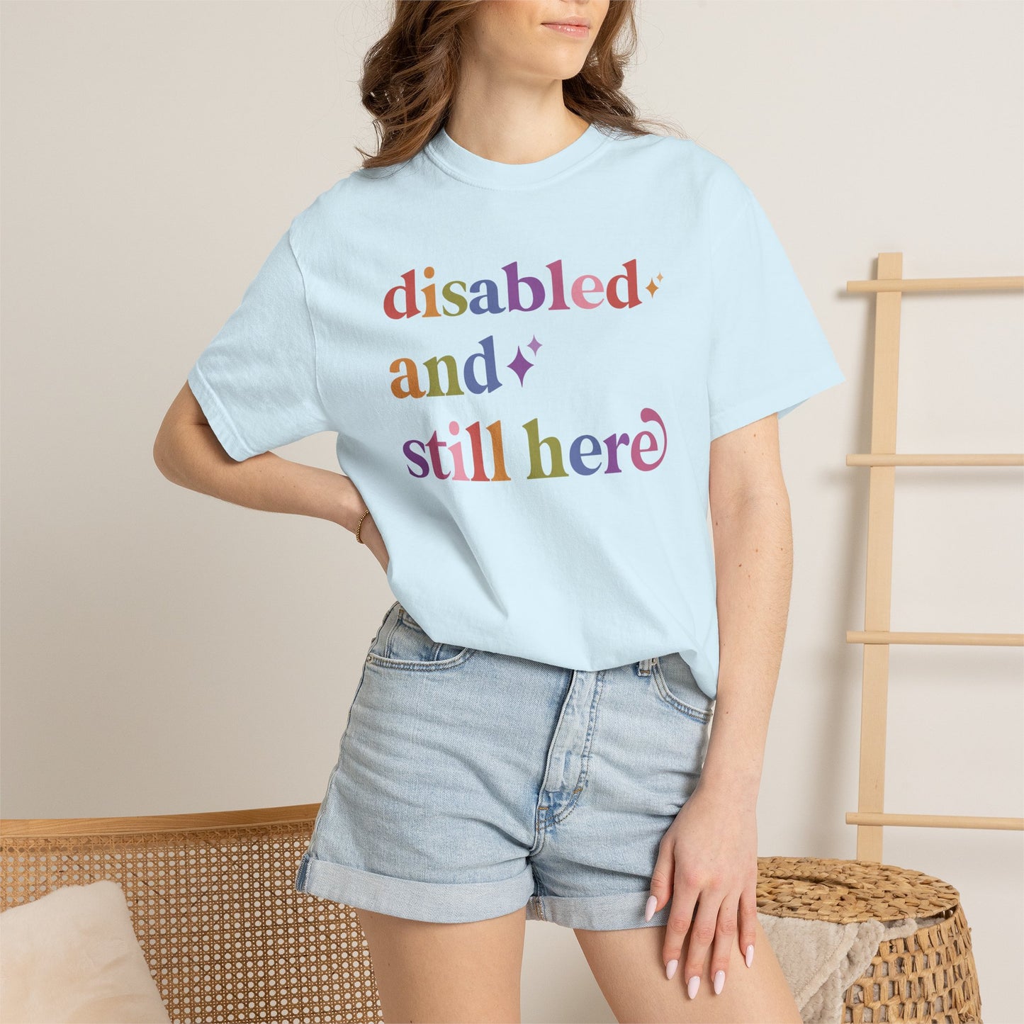 Disabled and Still Here Care & Resist rainbow Comfort Colors tee