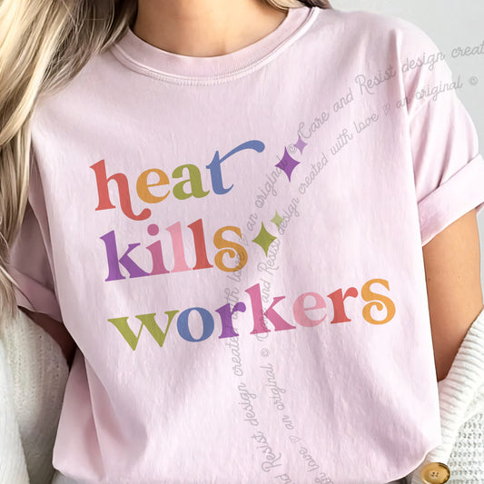 Heat Kills Workers Care & Resist progressive t-shirt in Blossom