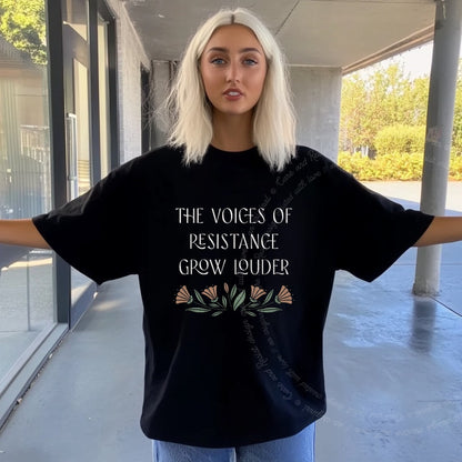 The Voices of Resistance Grow Louder Care & Resist progressive t-shirt in Black