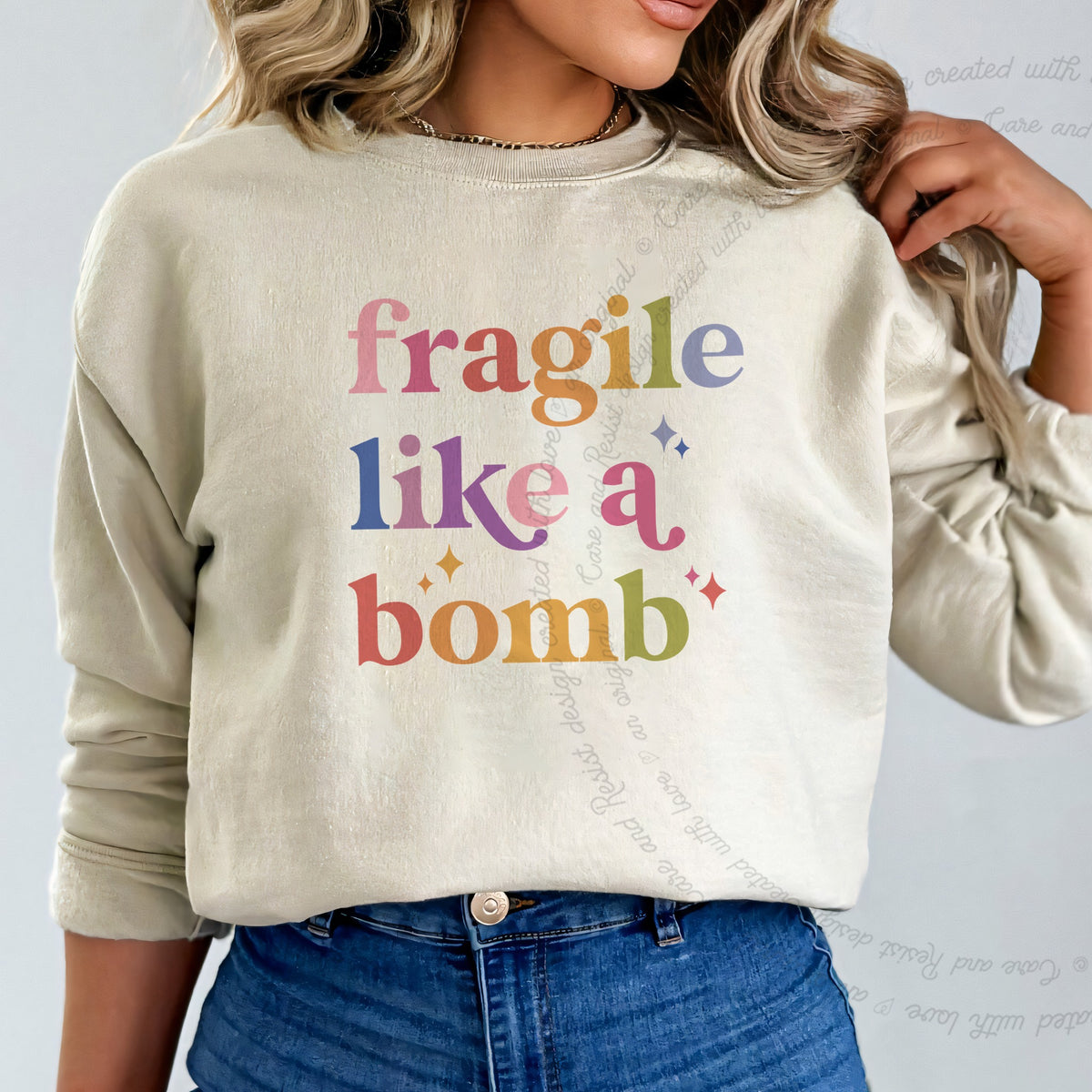 Fragile Like a Bomb Care & Resist Gildan crewneck sweatshirt in Sand