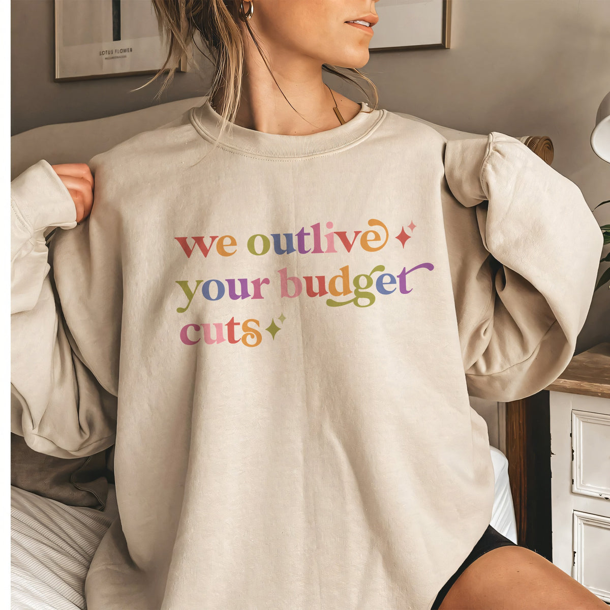 We Outlive Your Budget Cuts Care & Resist Gildan crewneck sweatshirt in Sand