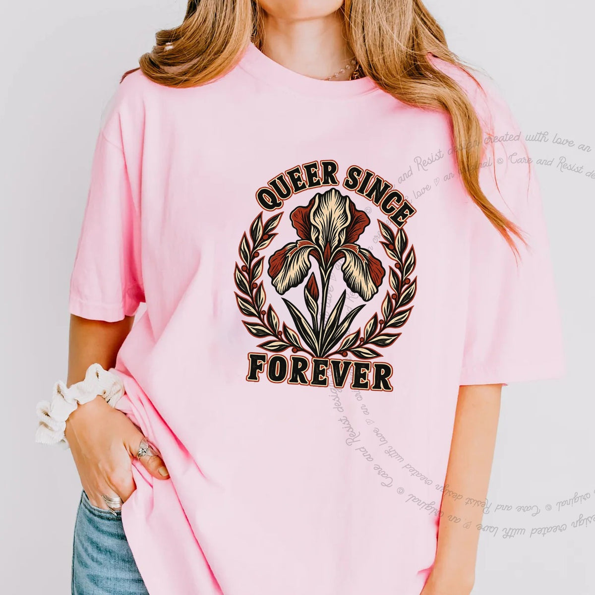 Queer Since Forever Iris Linocut Care & Resist progressive t-shirt in Blossom