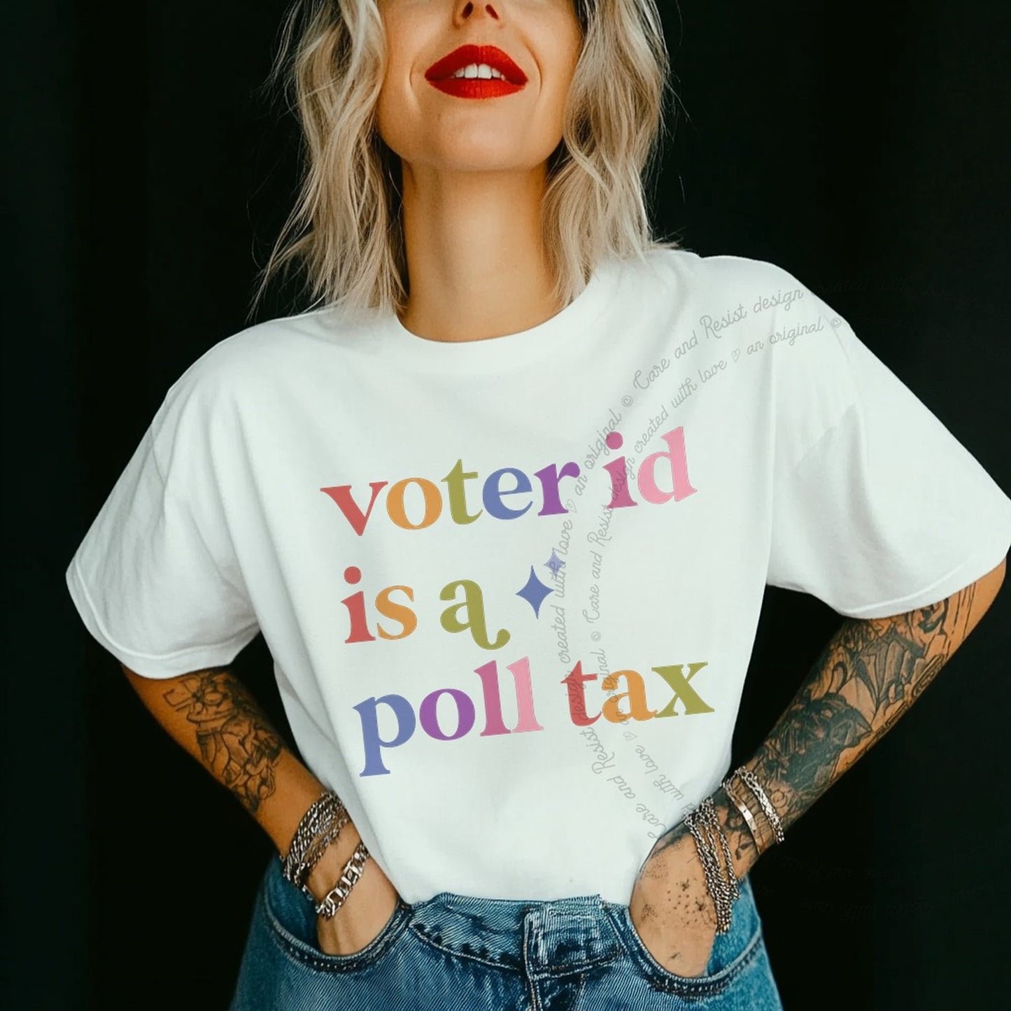 Voter Id is a Poll Tax Care & Resist rainbow Comfort Colors tee, White