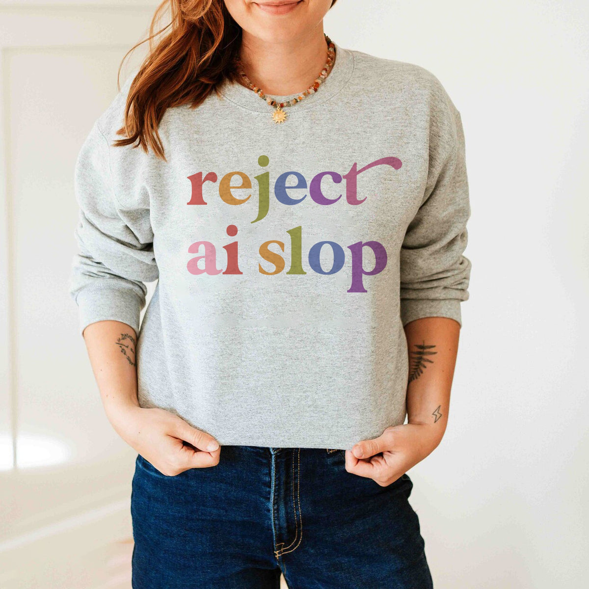 Reject AI Slop Care & Resist Gildan crewneck sweatshirt in Sport Grey