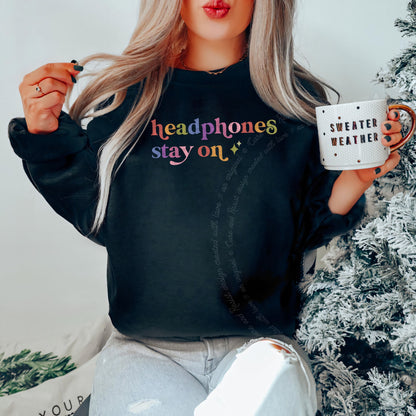 Headphones Stay on Care & Resist Gildan crewneck sweatshirt in Black