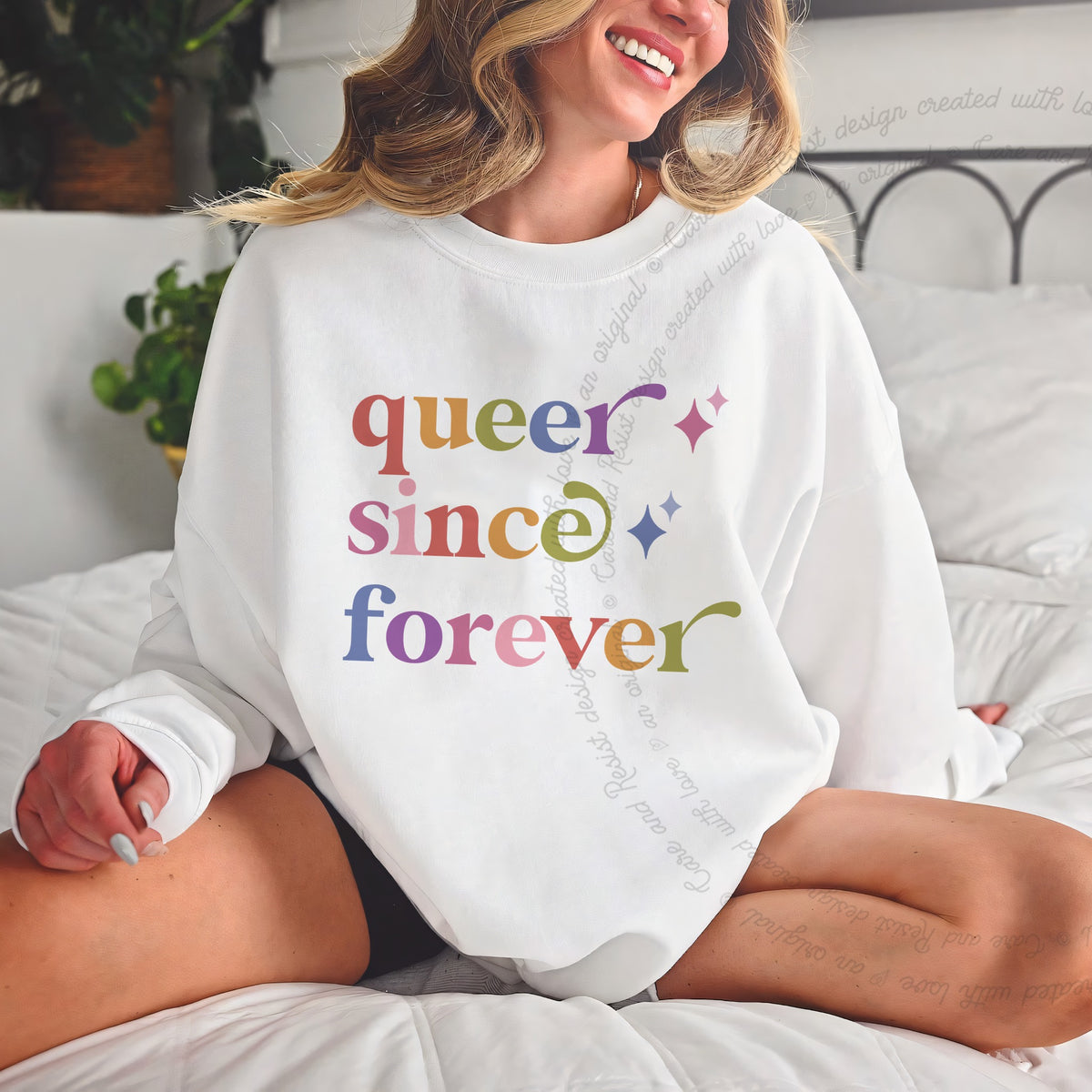 Queer Since Forever Care & Resist Gildan crewneck sweatshirt in White