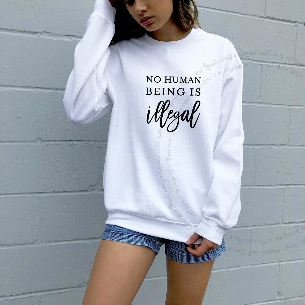 No Human Being Is Illegal Care & Resist Gildan crewneck sweatshirt in White