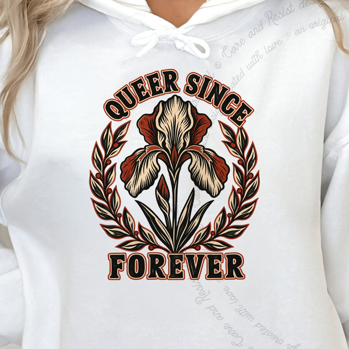 Queer Since Forever Iris Linocut Care & Resist Gildan hoodie in White