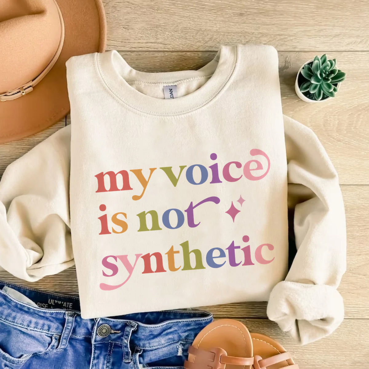 My Voice is not Synthetic Care & Resist Gildan crewneck sweatshirt in Sand
