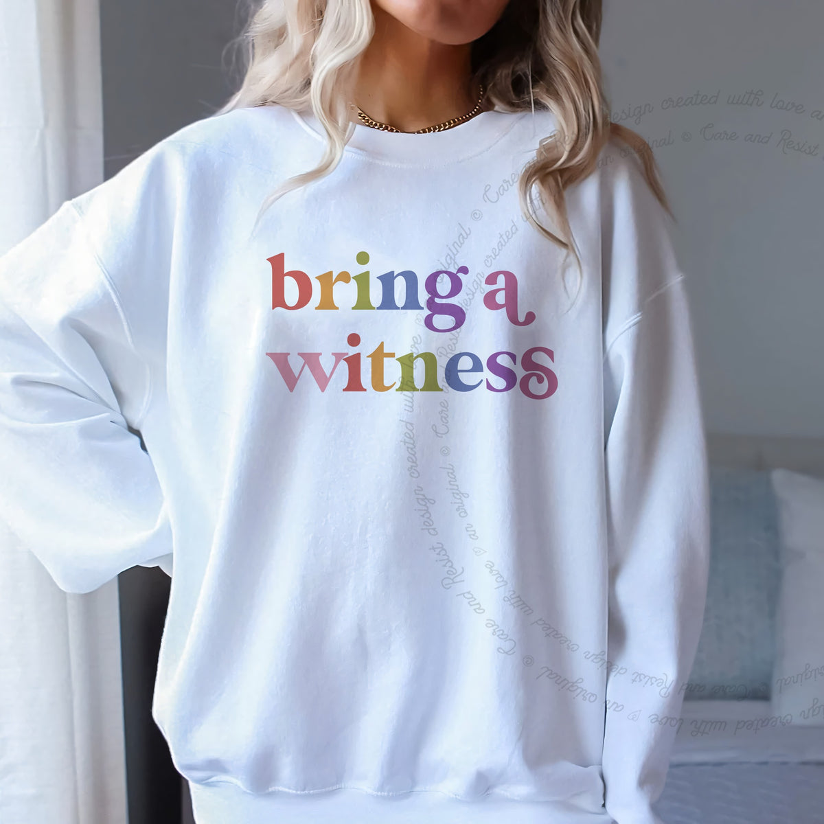 Bring a Witness Care & Resist Gildan crewneck sweatshirt in White