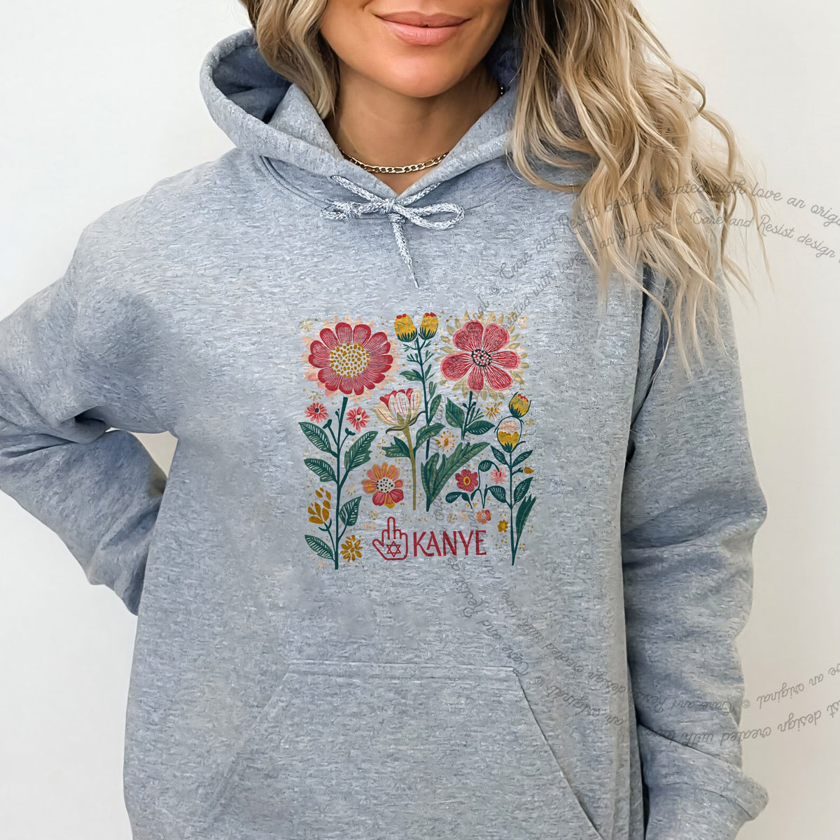 Middle Finger Kanye Care & Resist Gildan hoodie in Sport Grey