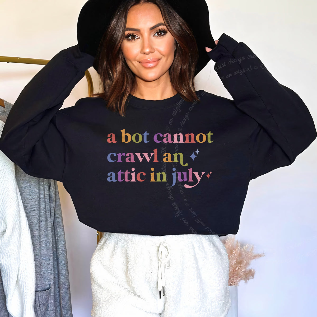 A Bot Cannot Crawl an Attic in July Care & Resist Gildan crewneck sweatshirt in Black