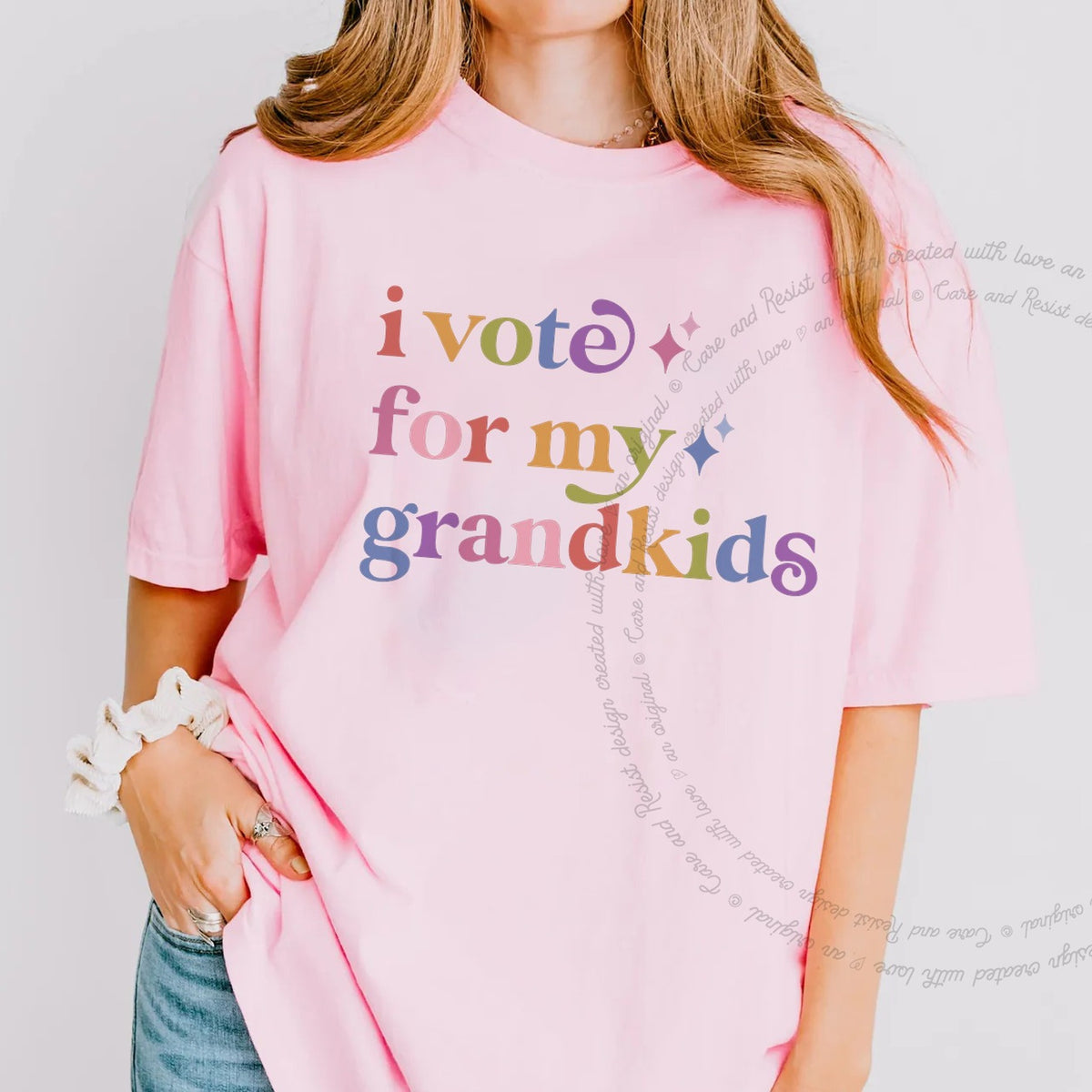 I Vote for My Grandkids Care & Resist rainbow tee