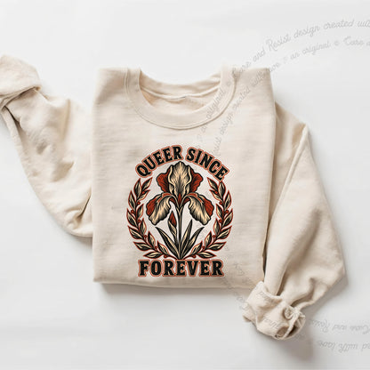 Queer Since Forever Iris Linocut Care & Resist Gildan crewneck sweatshirt in Sand