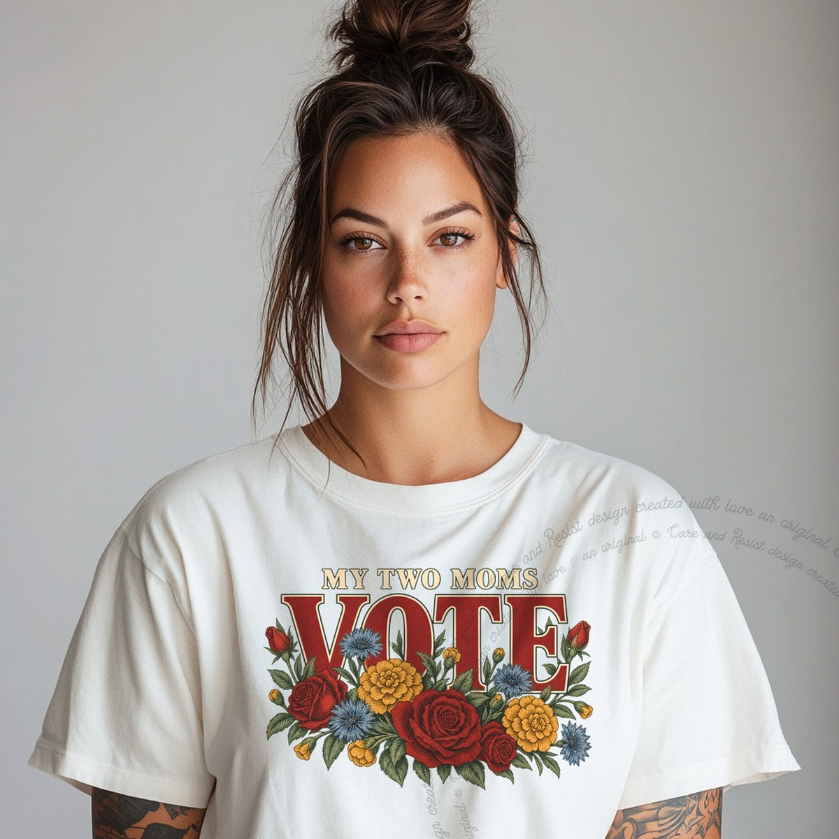 My Two Moms Vote Bouquet Care & Resist progressive t-shirt in White
