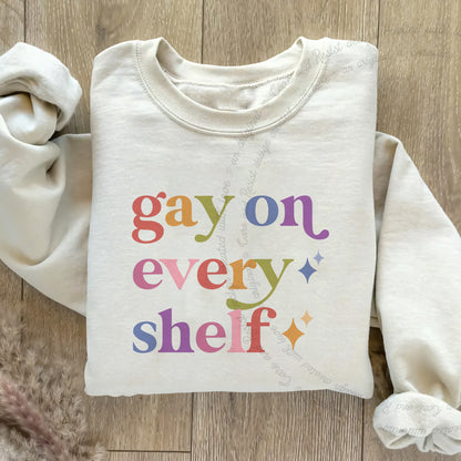 Gay on Every Shelf Care & Resist Gildan crewneck sweatshirt in Sand