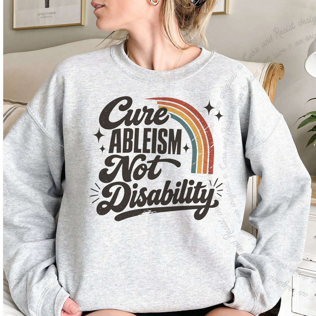 Cure Ableism not Disability Badge Care & Resist Gildan crewneck sweatshirt in Sport Grey