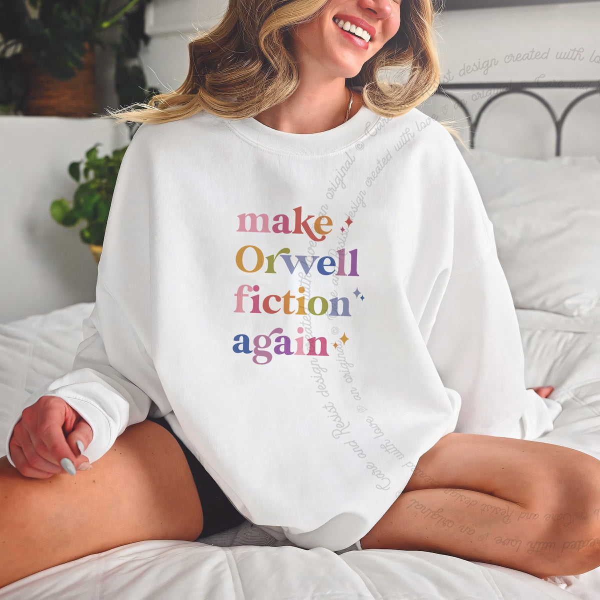 Make Orwell Fiction Again Care & Resist Gildan crewneck sweatshirt in White