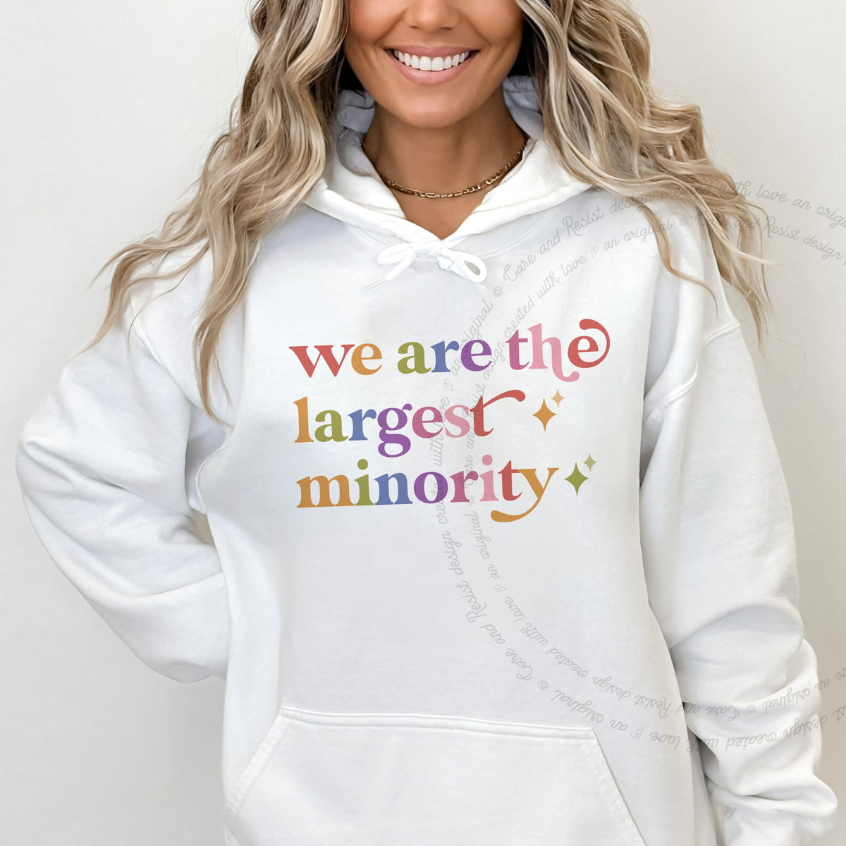 We are the Largest Minority Care & Resist Gildan hoodie in White