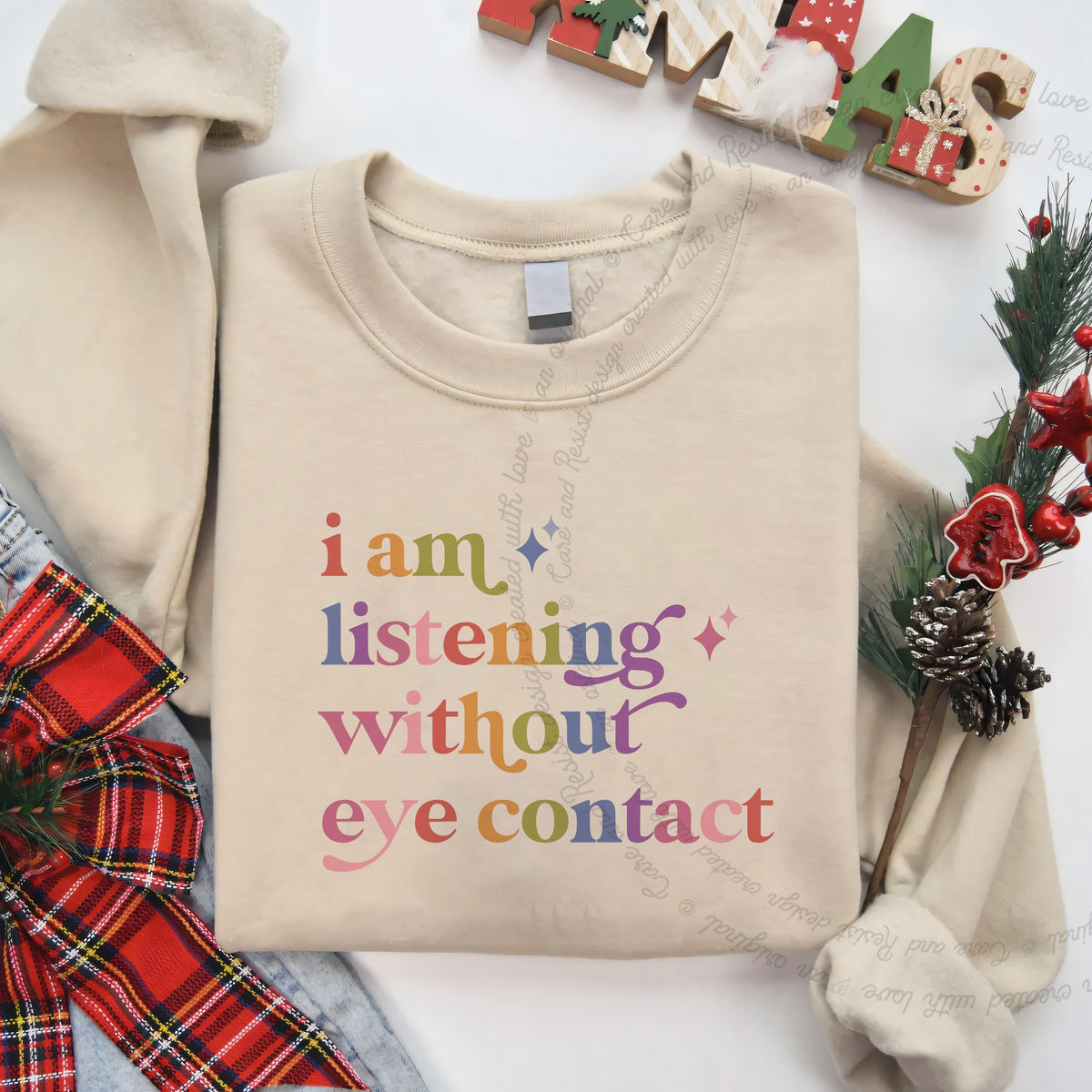 I Am Listening Without Eye Contact Care & Resist Gildan crewneck sweatshirt in Sand