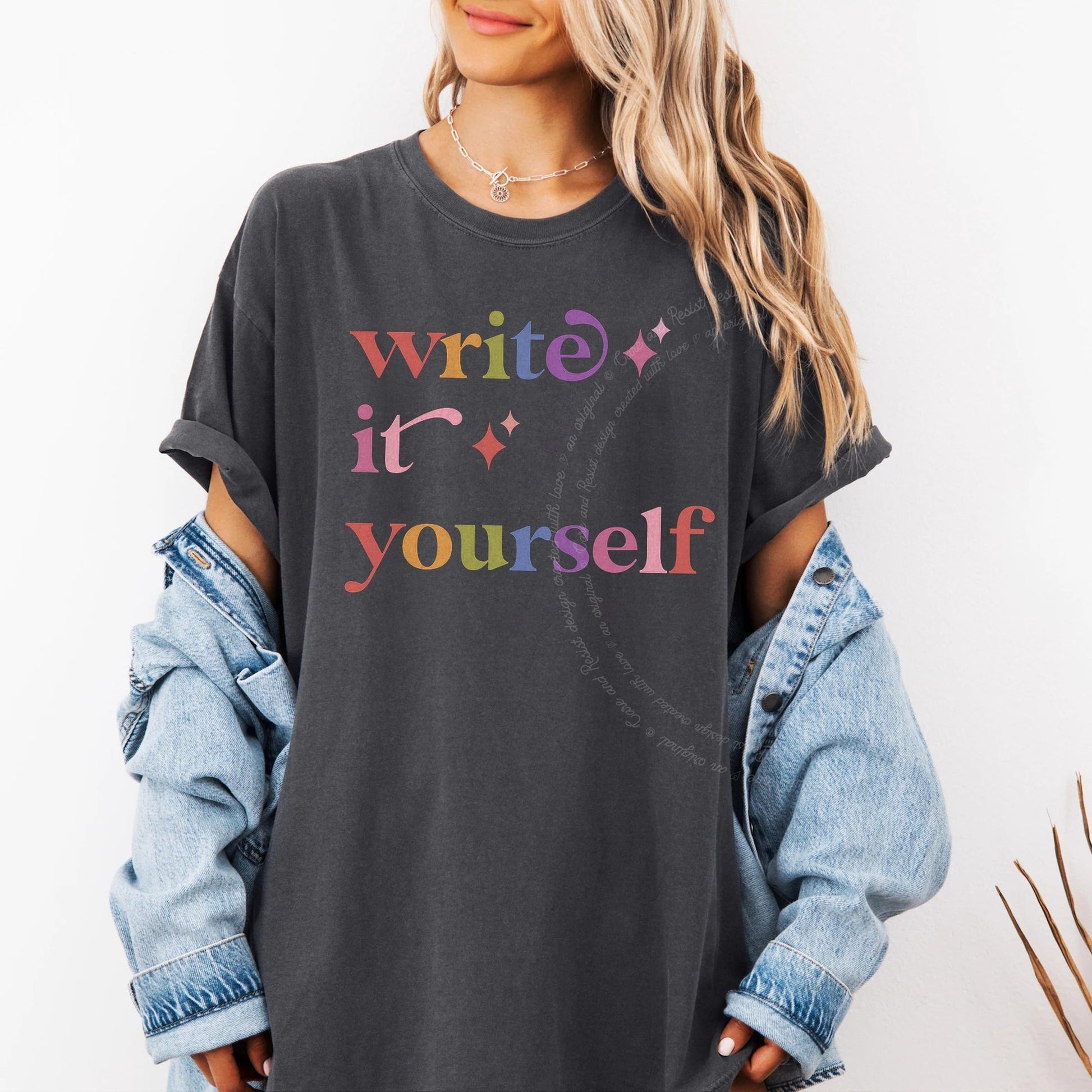 Write It Yourself Care & Resist rainbow Comfort Colors tee, Graphite
