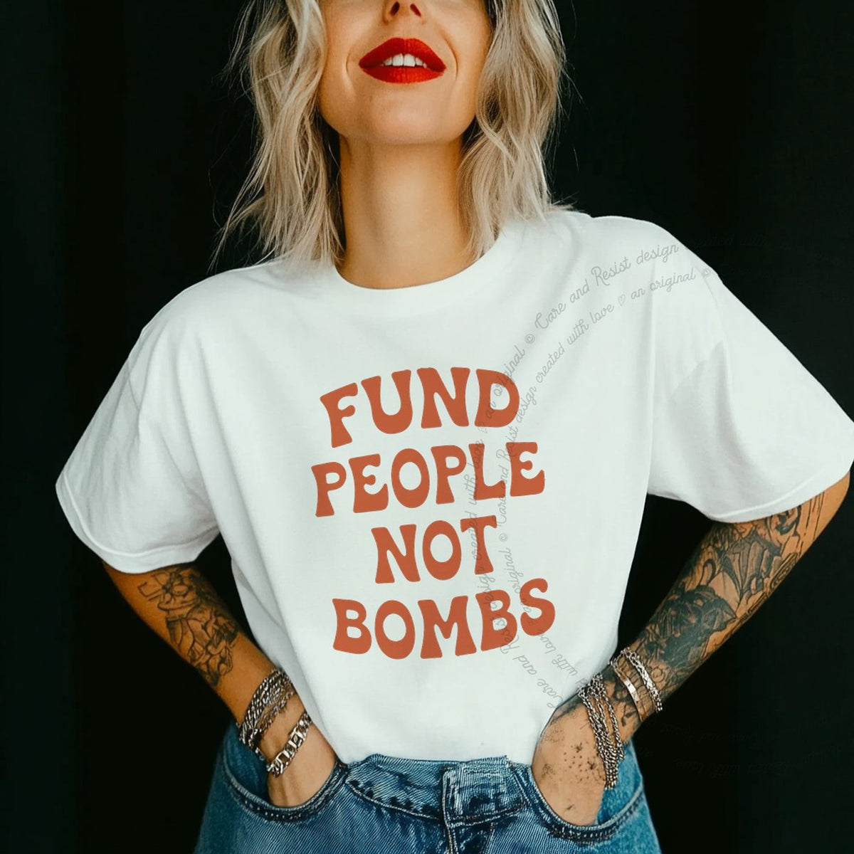 Fund People not Bombs Stacked Care & Resist progressive t-shirt in White