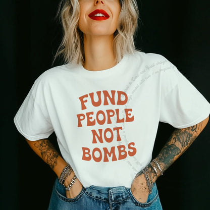 Fund People not Bombs Stacked Care & Resist progressive t-shirt in White