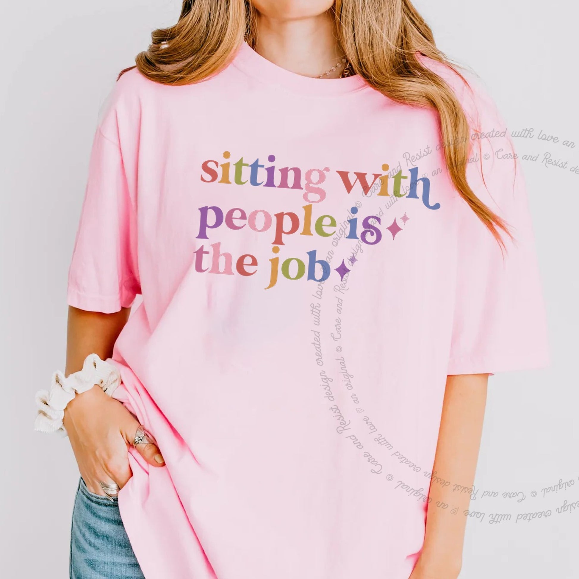 Sitting With People is the Job Care & Resist rainbow Comfort Colors tee, Blossom