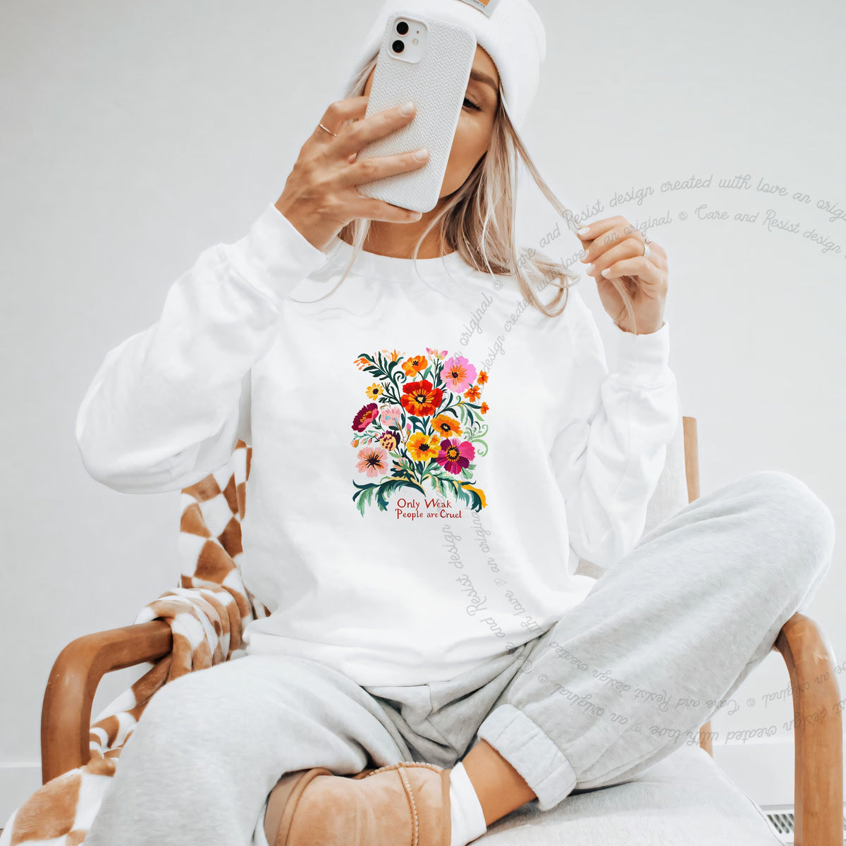 Only Weak People Are Cruel Care & Resist Gildan crewneck sweatshirt in White