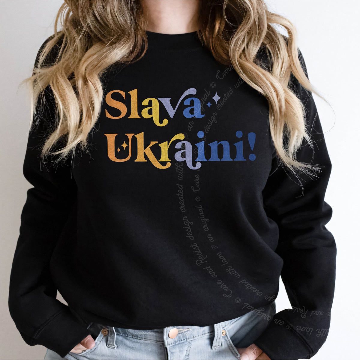 Slava Ukraini Care & Resist Gildan crewneck sweatshirt in Black
