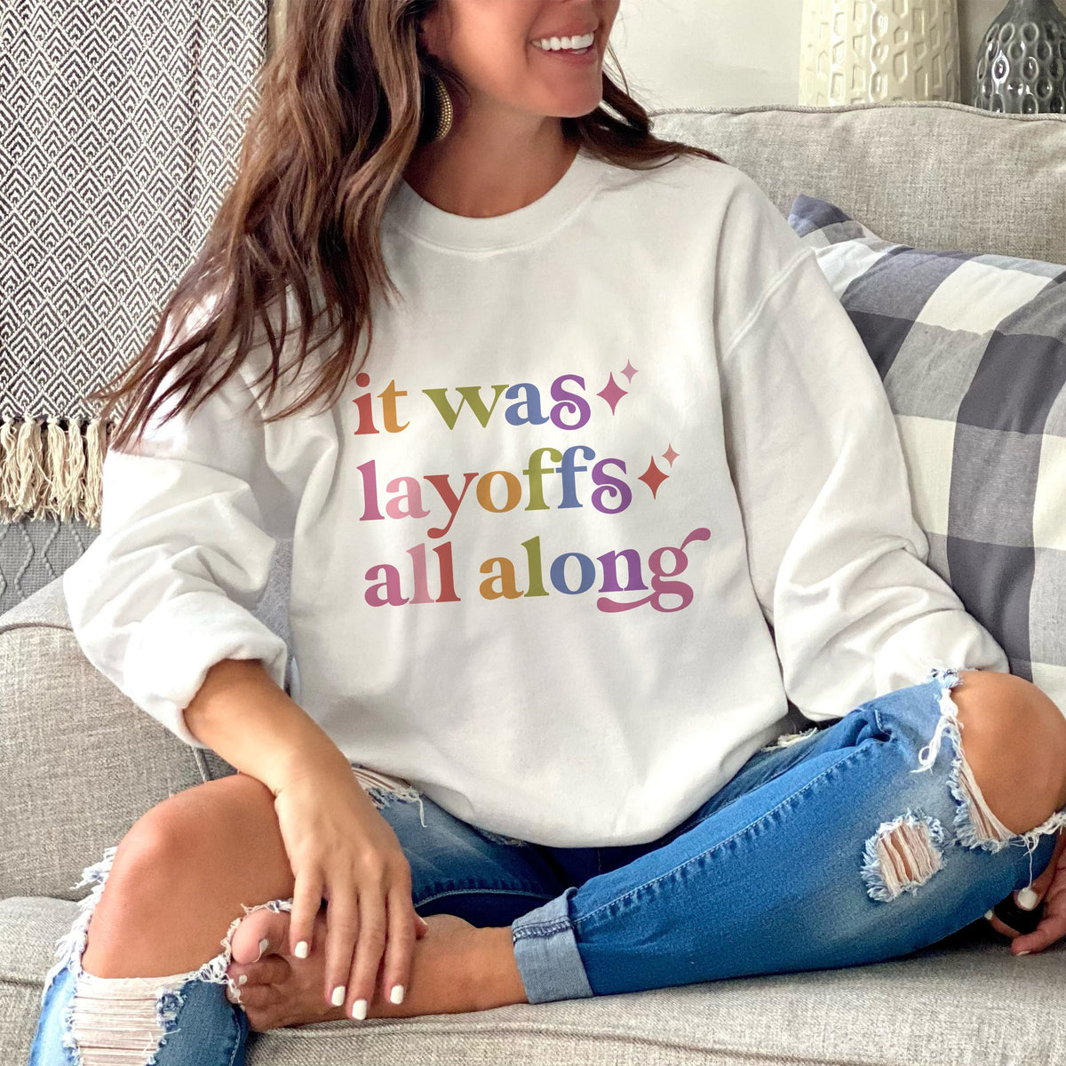 It Was Layoffs All Along Care & Resist Gildan crewneck sweatshirt in White