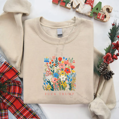 Fuck Trump Floral Care & Resist Gildan crewneck sweatshirt in Sand