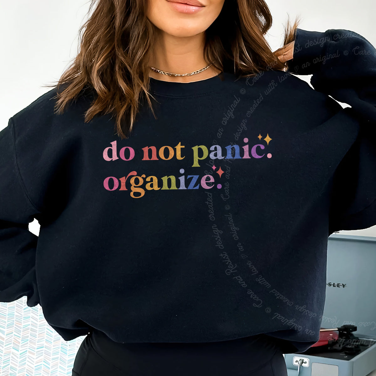 Do Not Panic. Organize. Care & Resist Gildan crewneck sweatshirt in Black